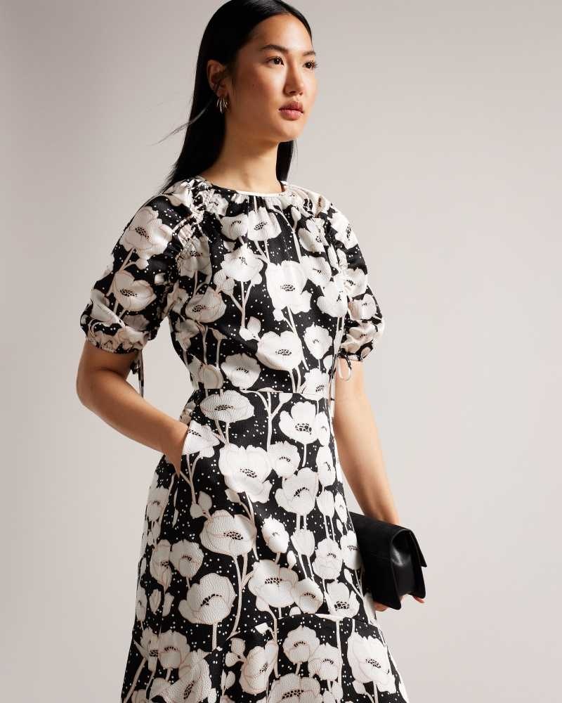 Black Ted Baker Abriee Puff Sleeve Midi Dress | ZA0000131