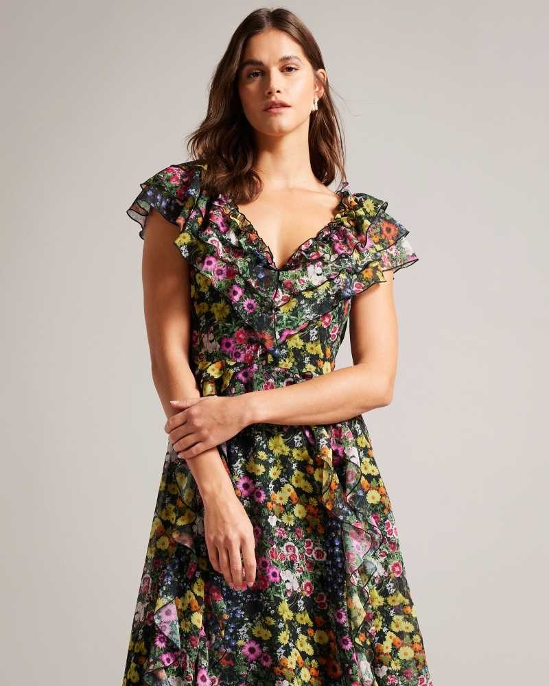 Black Ted Baker Adiie Floral Waterfall Ruffle Maxi Dress | ZA0000252