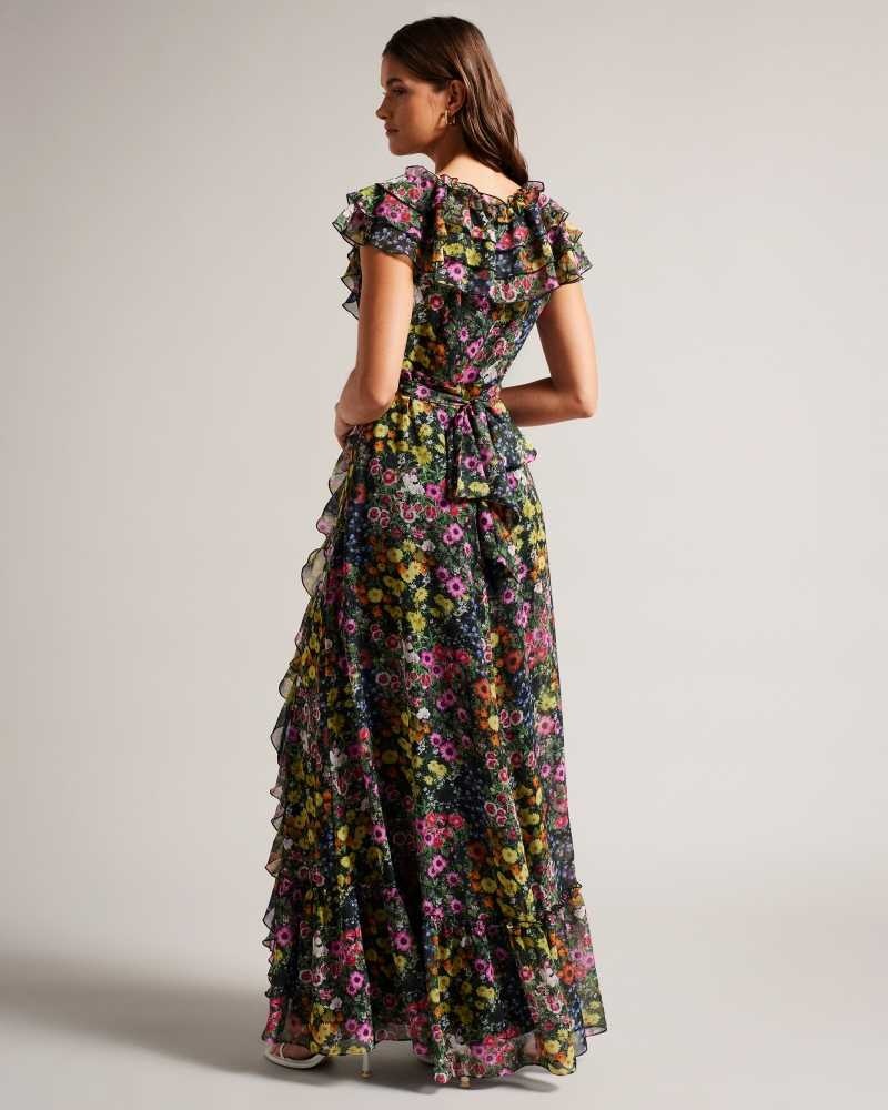 Black Ted Baker Adiie Floral Waterfall Ruffle Maxi Dress | ZA0000252