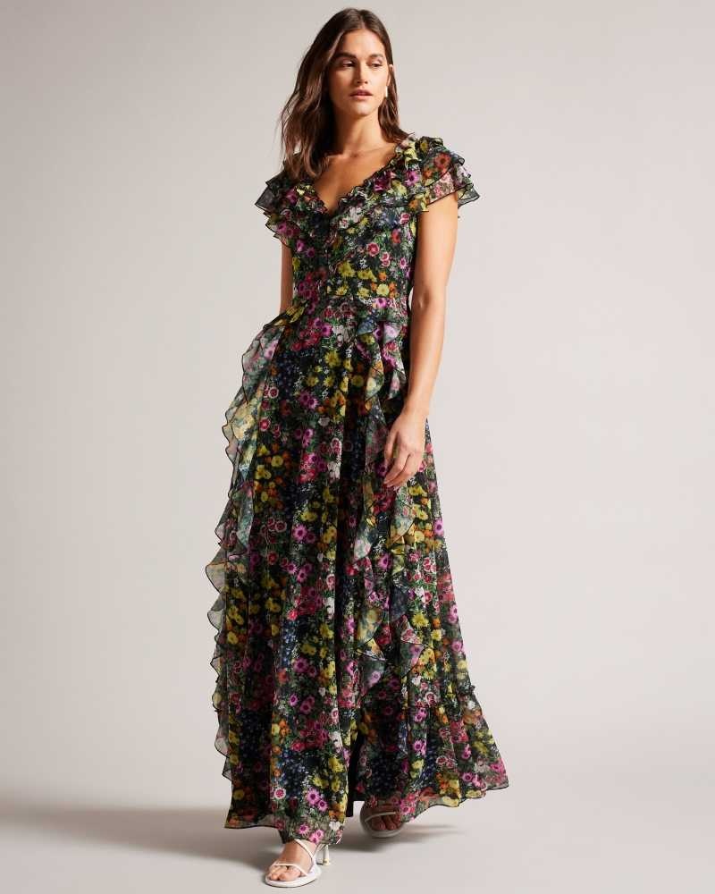 Black Ted Baker Adiie Floral Waterfall Ruffle Maxi Dress | ZA0000252