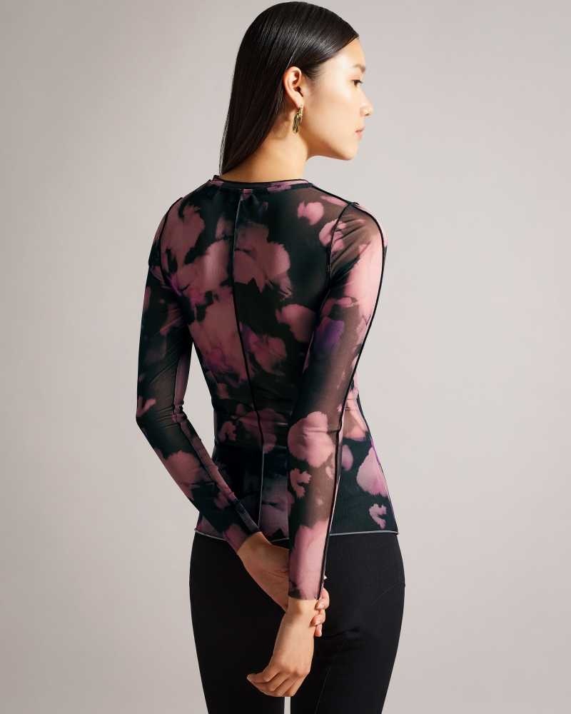 Black Ted Baker Aleeina Long Sleeve Abstract Print Mesh Top | ZA0001429