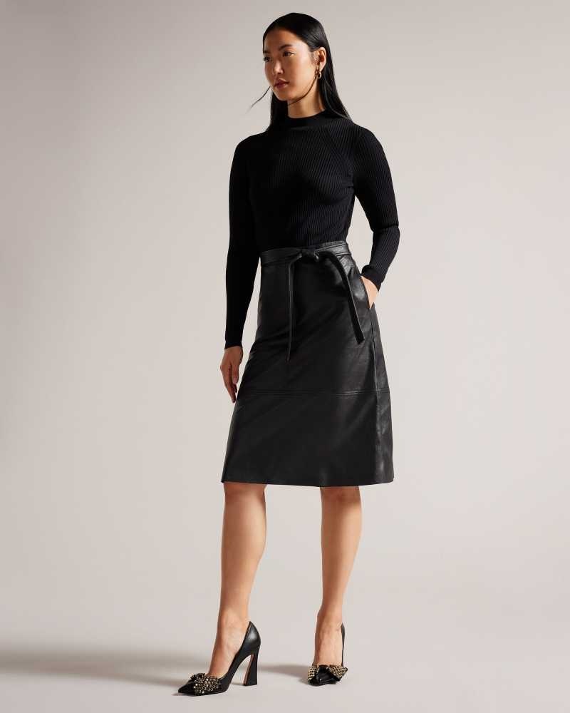 Black Ted Baker Alltaa Knit Bodice Midi Dress With Faux Leather Skirt | ZA0000219