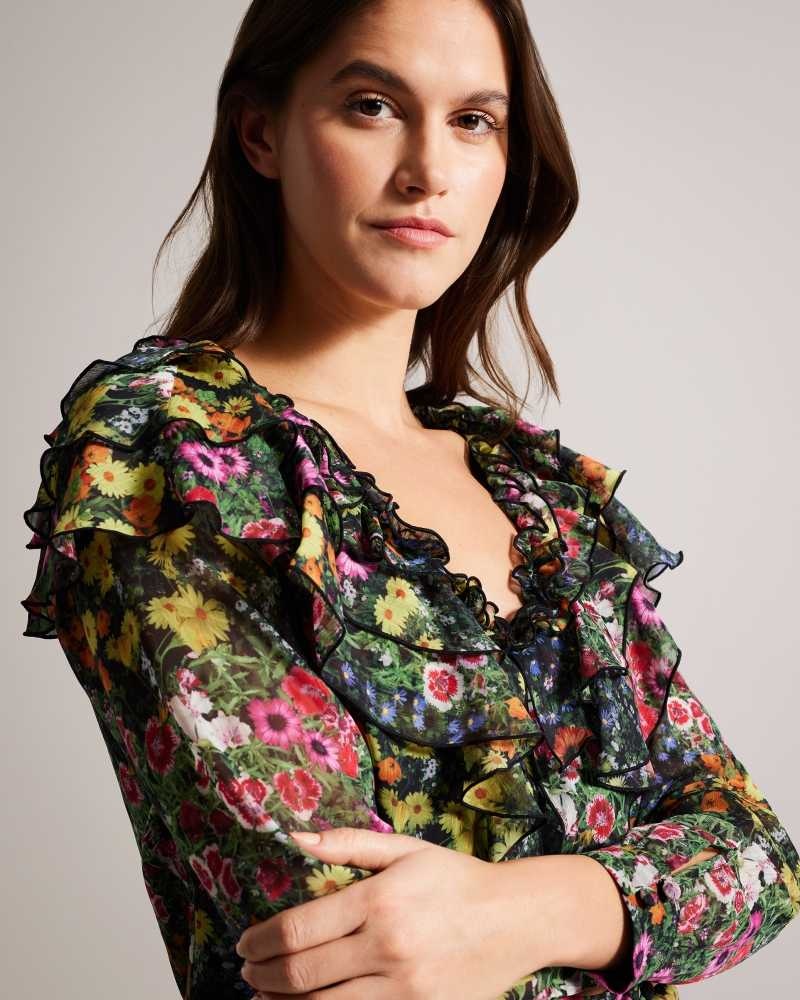 Black Ted Baker Amell Frilled V Neck Long Sleeved Blouse | ZA0001436