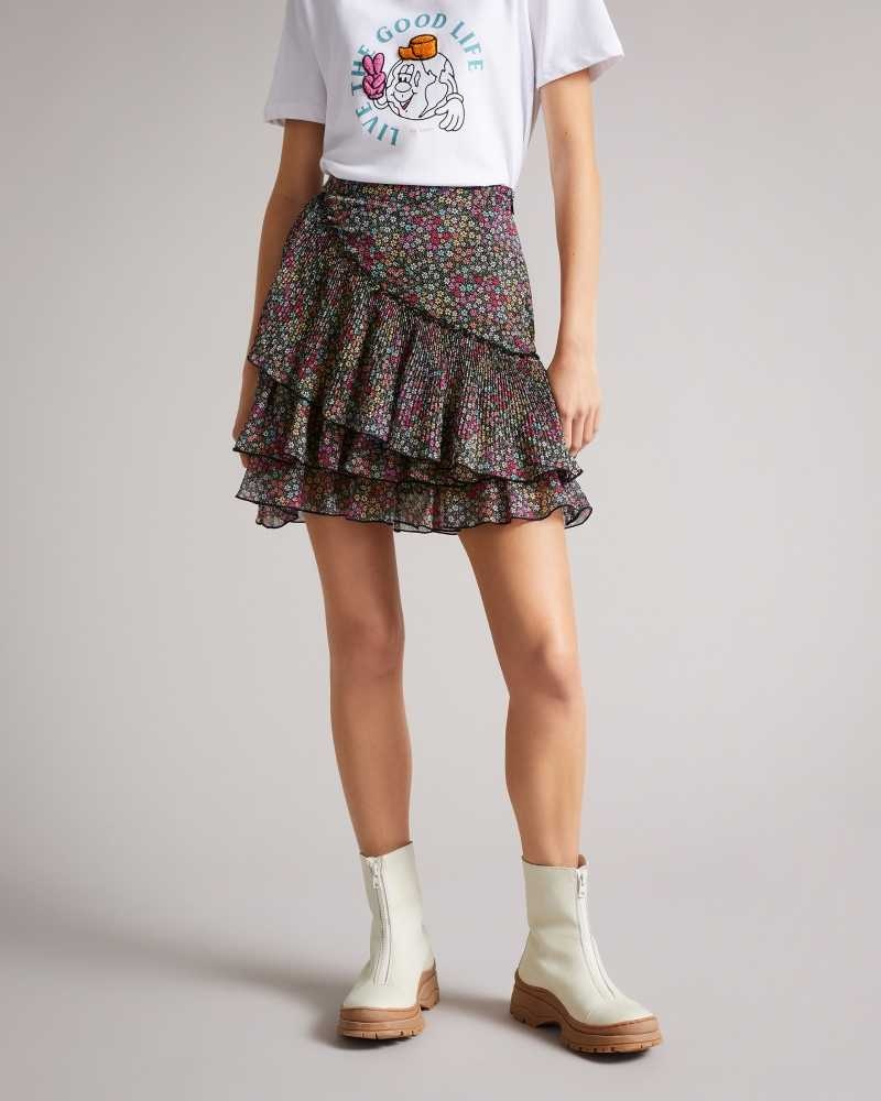 Black Ted Baker Aneka Tiered floral mini skirt | ZA0001075