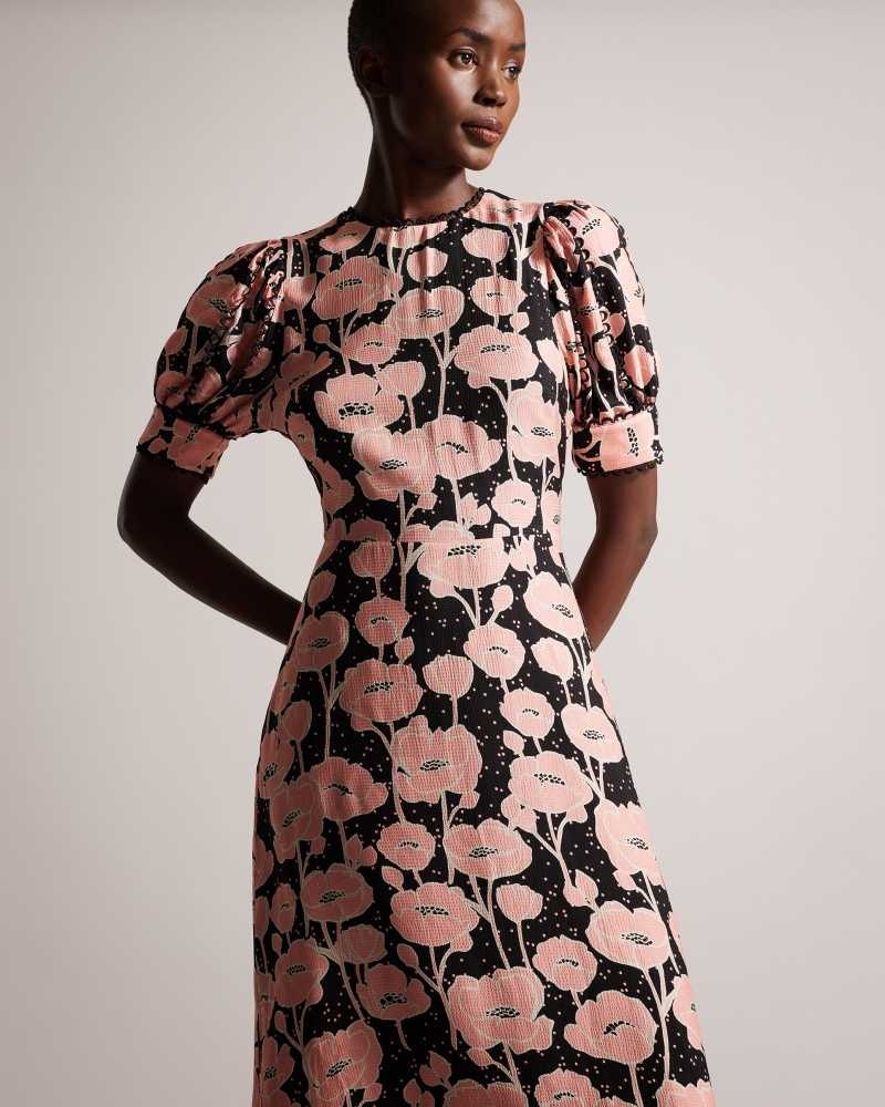 Black Ted Baker Astrydd Puff Sleeve Midi Tea Dress | ZA0000145