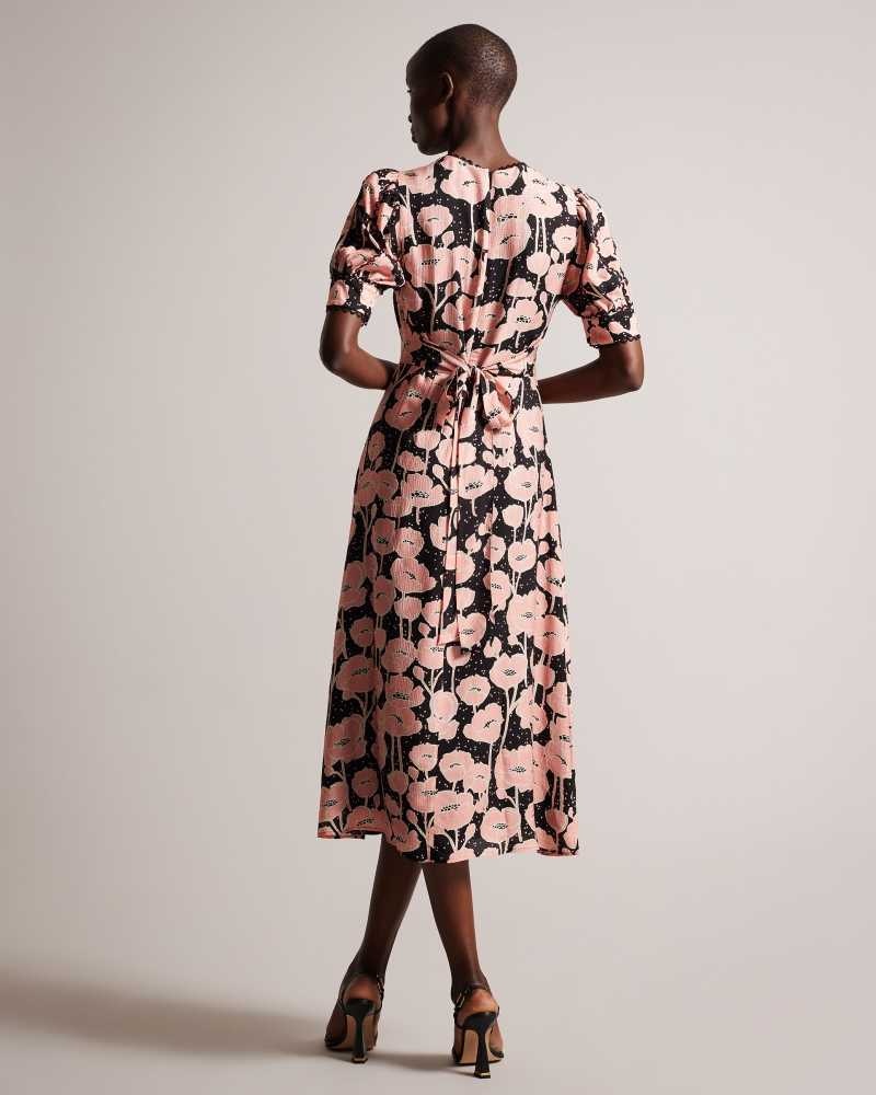 Black Ted Baker Astrydd Puff Sleeve Midi Tea Dress | ZA0000145