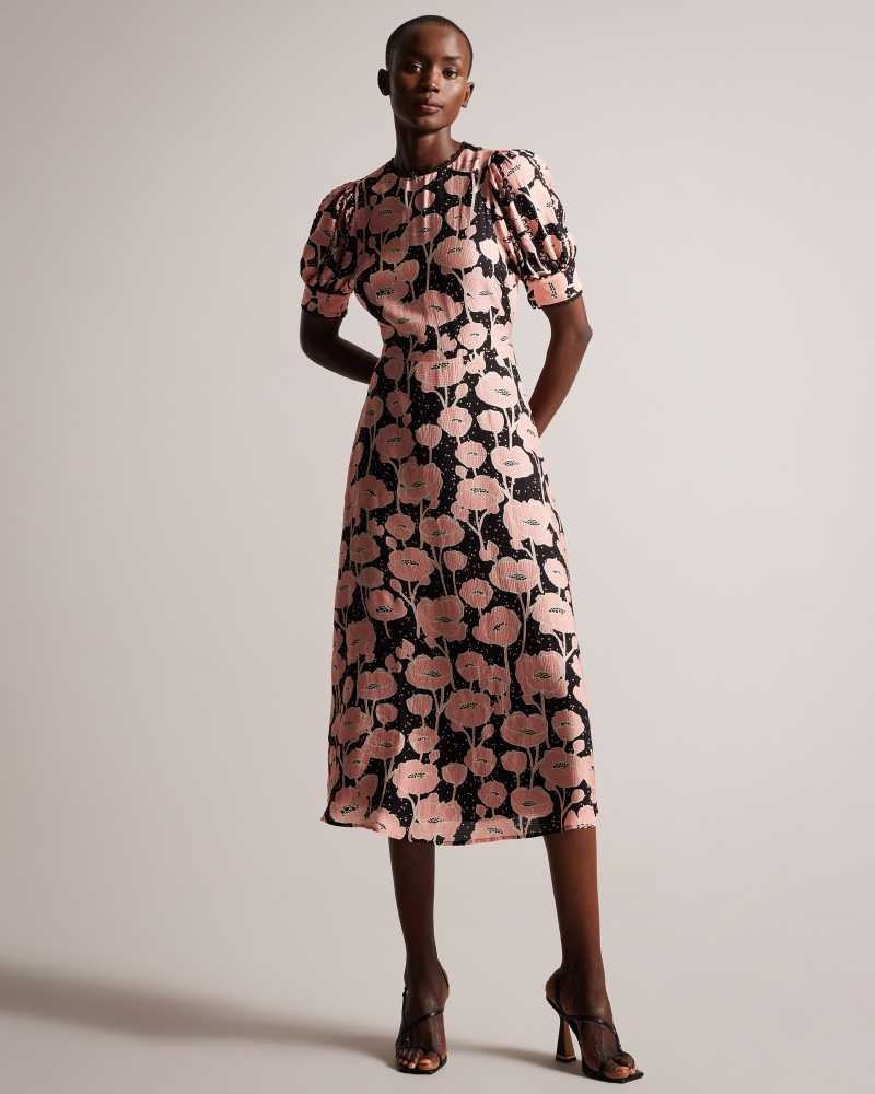 Black Ted Baker Astrydd Puff Sleeve Midi Tea Dress | ZA0000145