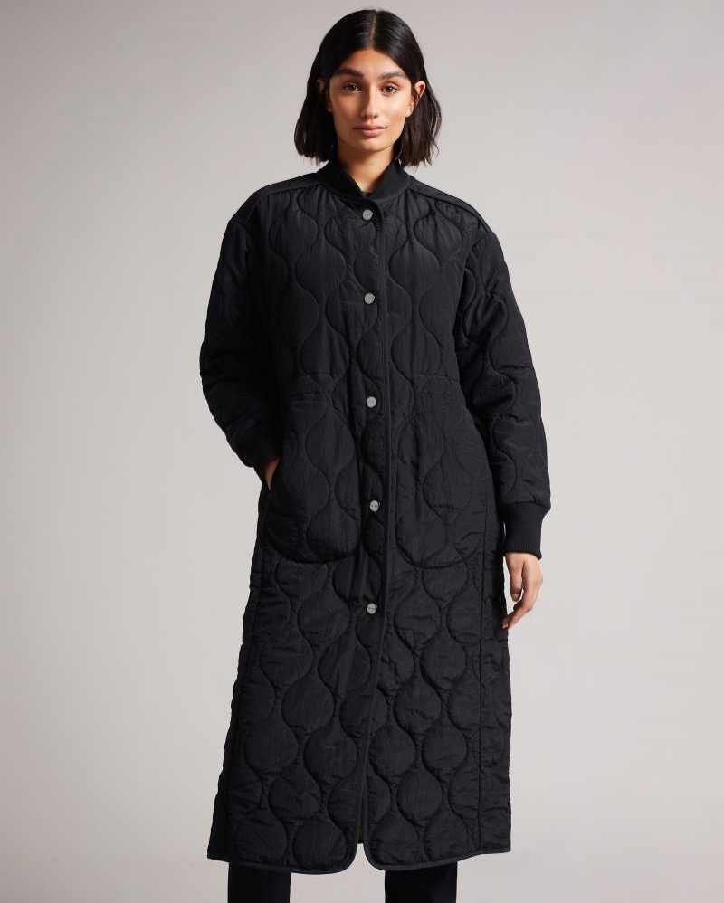 Black Ted Baker Avverii Long Quilted Coat | ZA0000579