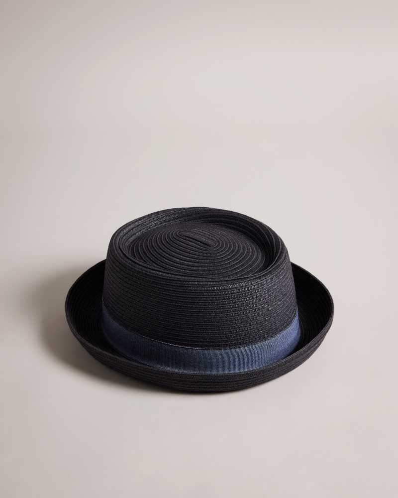 Black Ted Baker Axelly Straw Pork Pie Hat | ZA0001870