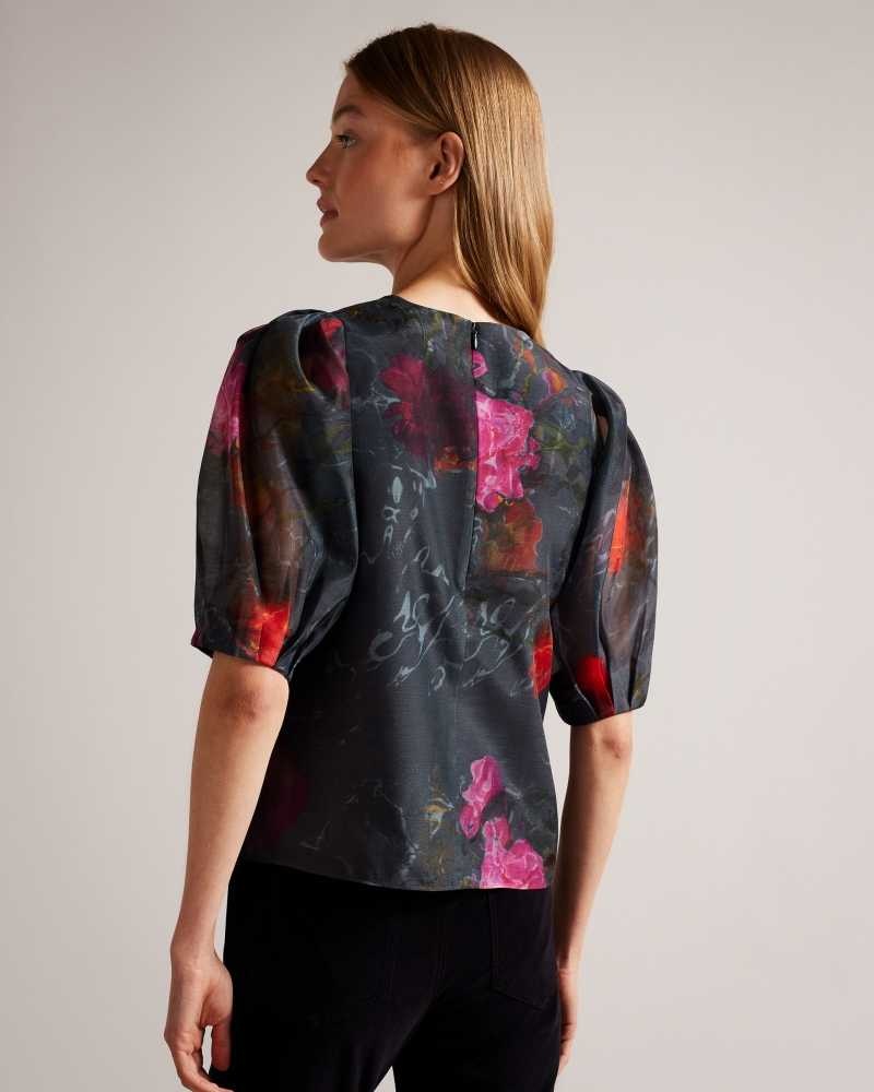 Black Ted Baker Ayymee Boxy Cropped Top with Puff Sleeve | ZA0001345