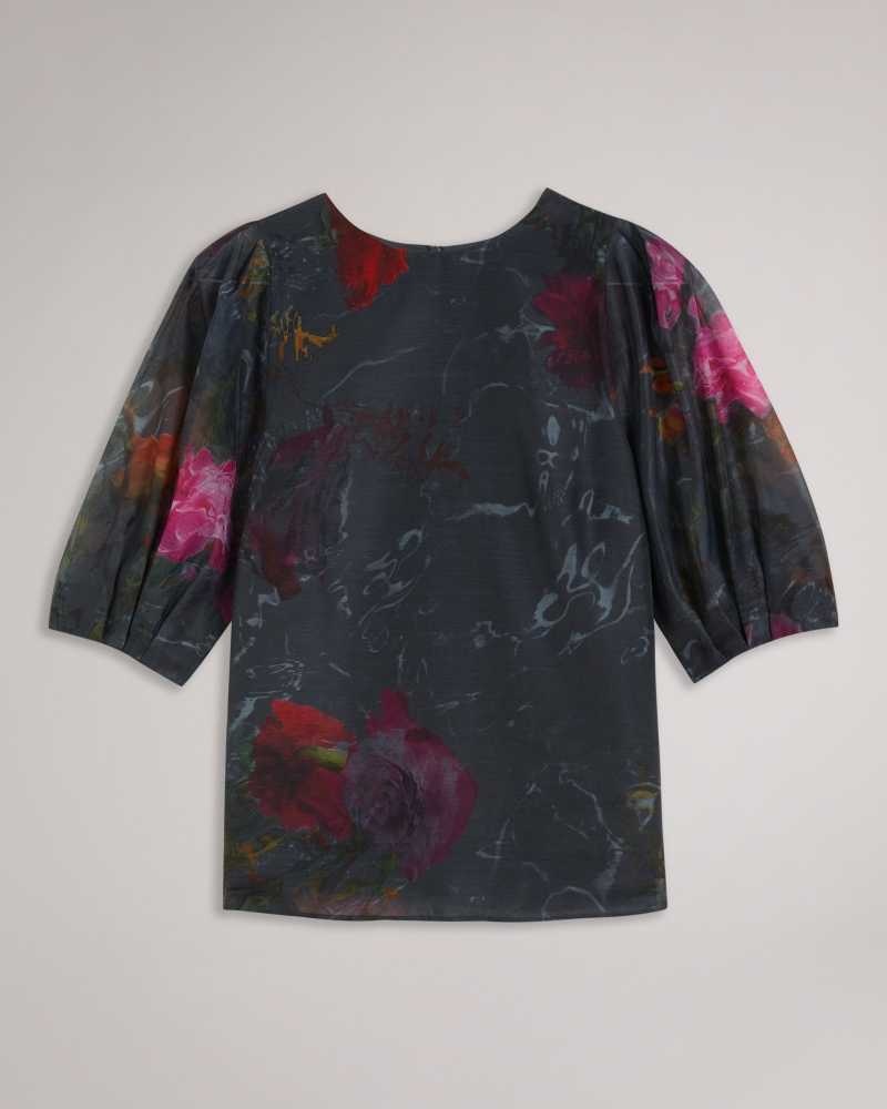 Black Ted Baker Ayymee Boxy Cropped Top with Puff Sleeve | ZA0001345