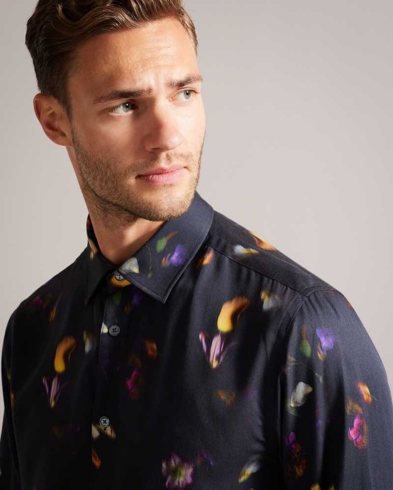 Black Ted Baker Bari Long Sleeve Floral Print Shirt | ZA0000989