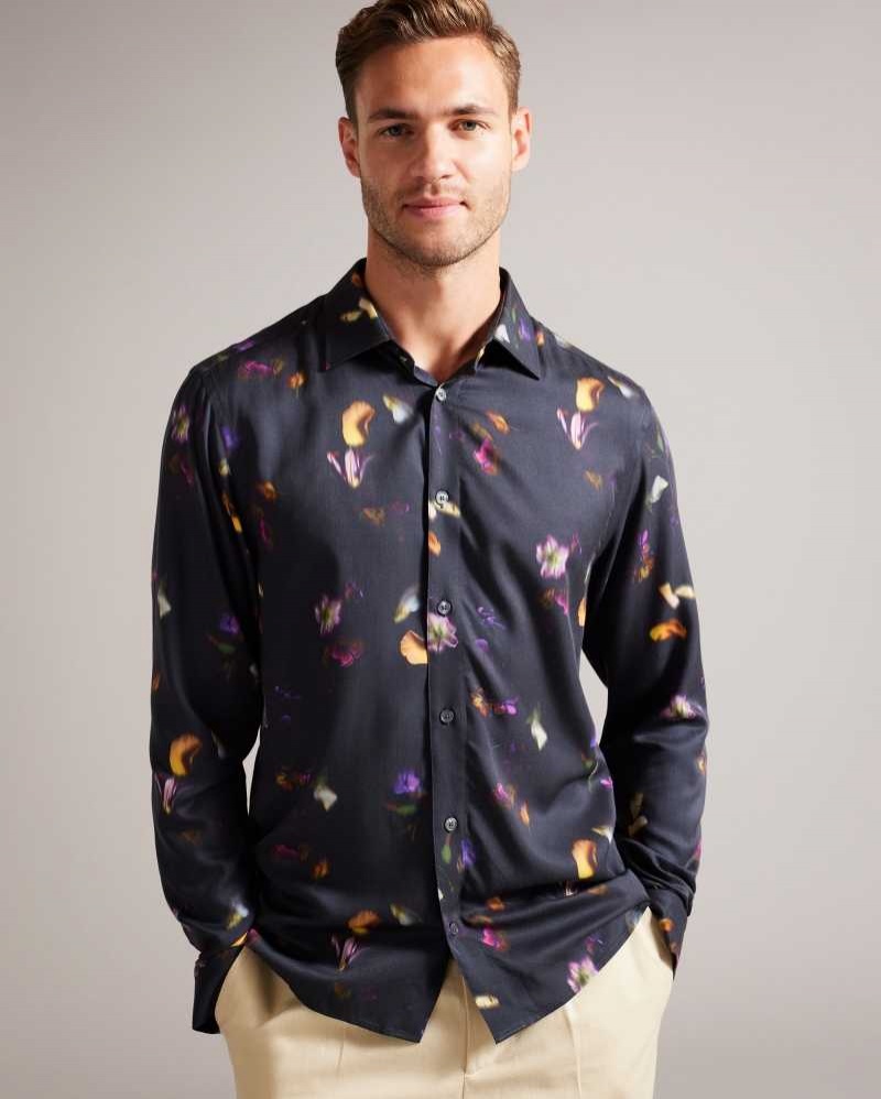 Black Ted Baker Bari Long Sleeve Floral Print Shirt | ZA0000989