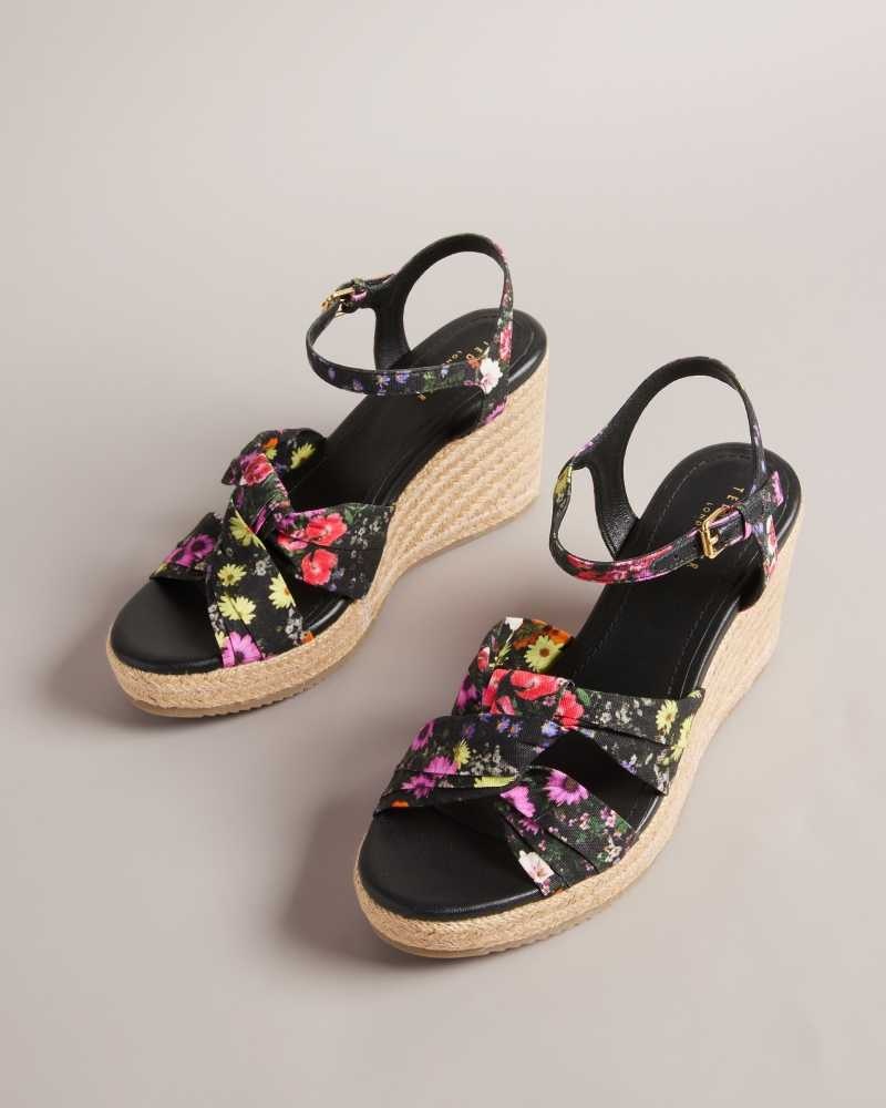 Black Ted Baker Cardima Floral Soft Knot Espadrille Wedges | ZA0001737