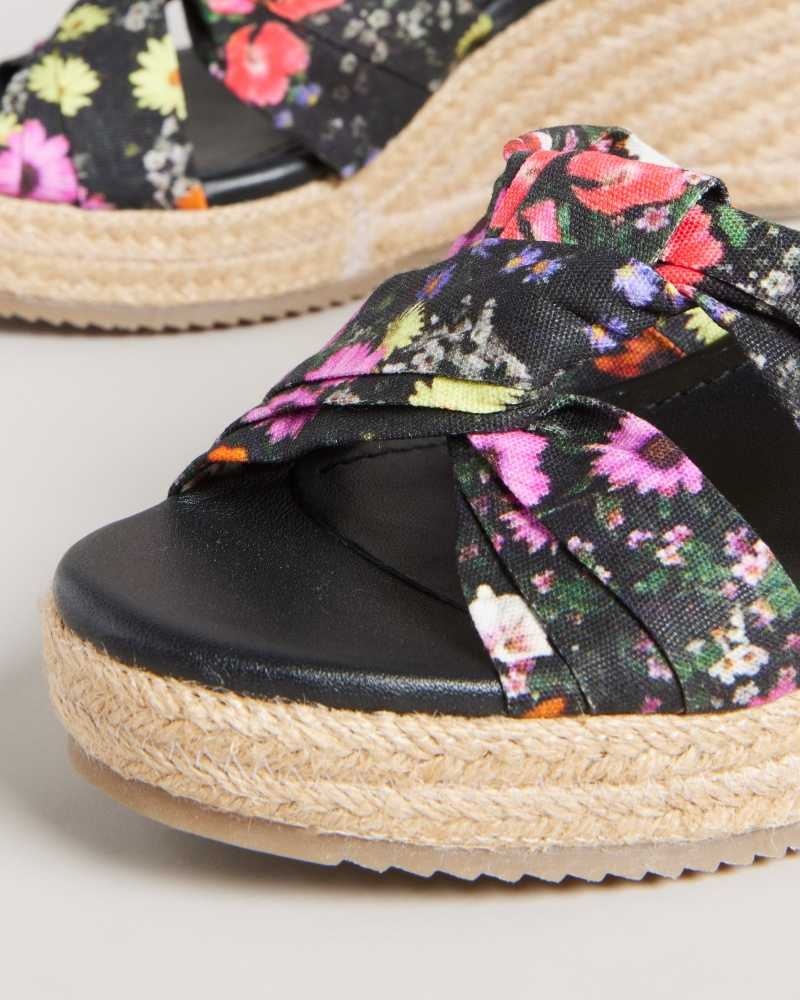 Black Ted Baker Cardima Floral Soft Knot Espadrille Wedges | ZA0001737