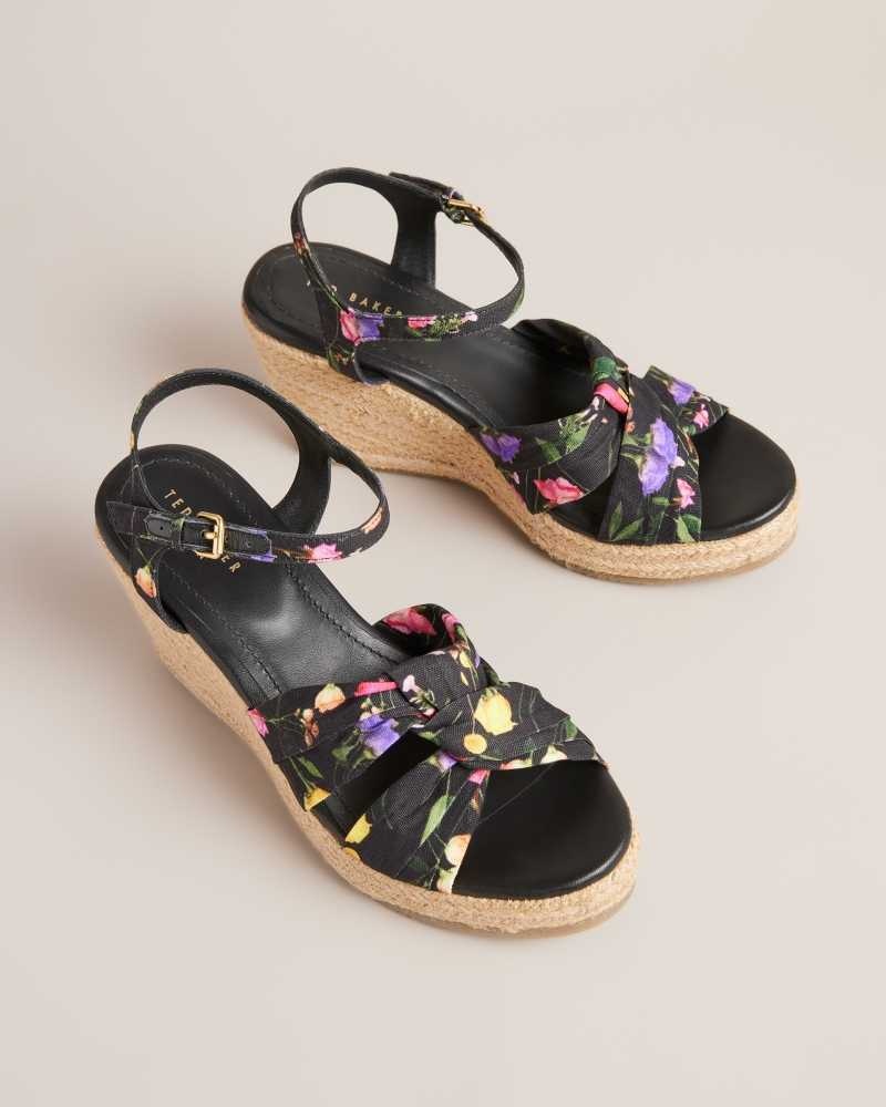 Black Ted Baker Cardone Floral Espadrille Platform Sandals | ZA0001685