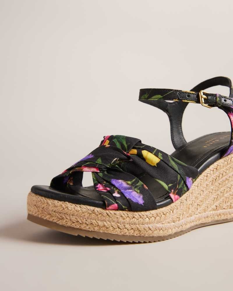 Black Ted Baker Cardone Floral Espadrille Platform Sandals | ZA0001685