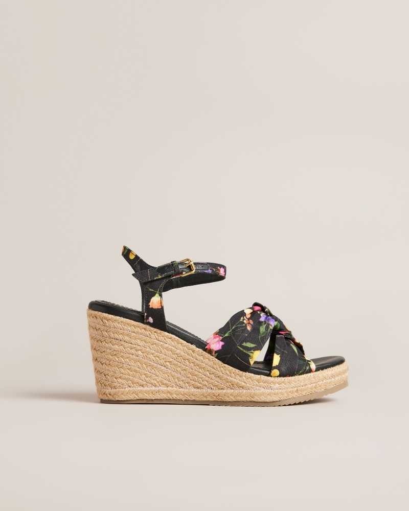 Black Ted Baker Cardone Floral Espadrille Platform Sandals | ZA0001685