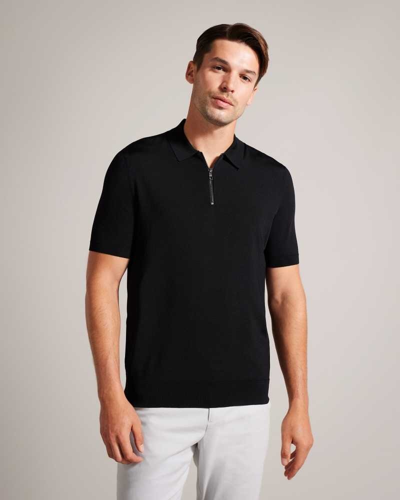 Black Ted Baker Daldin Short Sleeve Rayon Zip Polo Shirt | ZA0000907