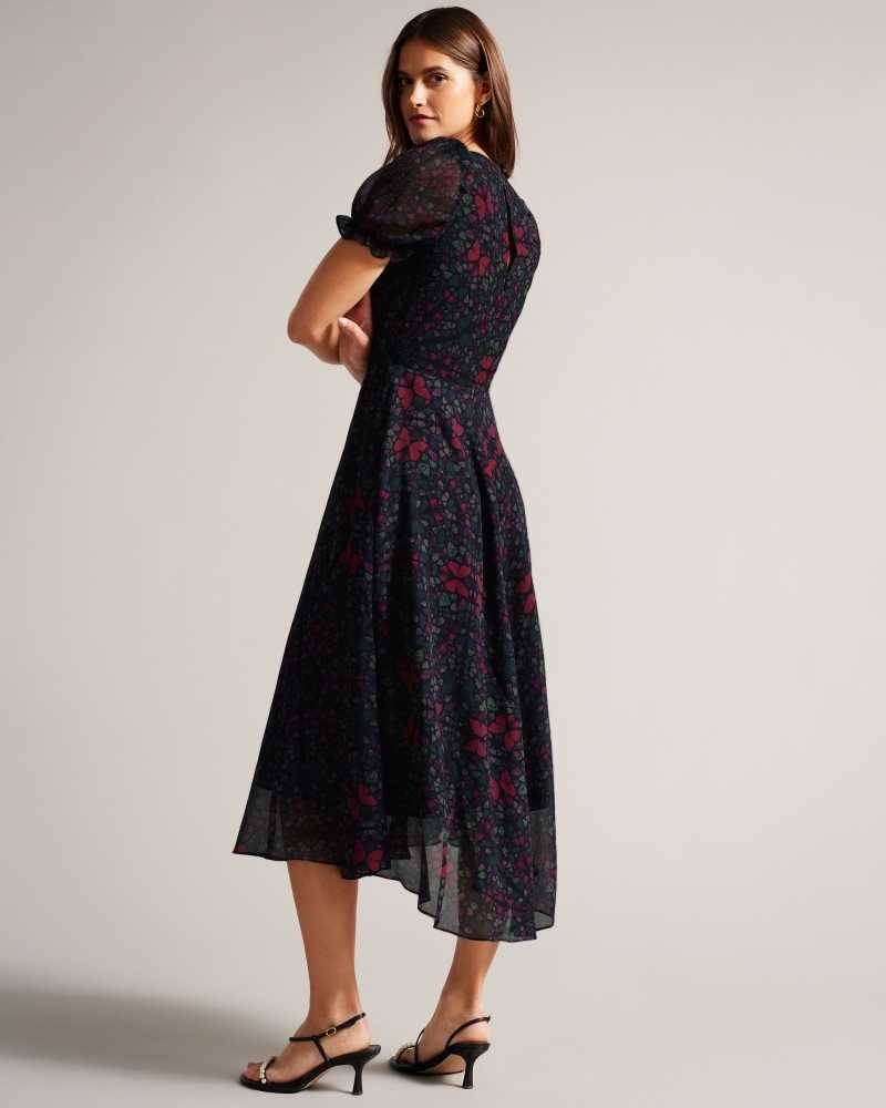 Black Ted Baker Daniaa Butterfly Print A-line Midi Dress | ZA0000117