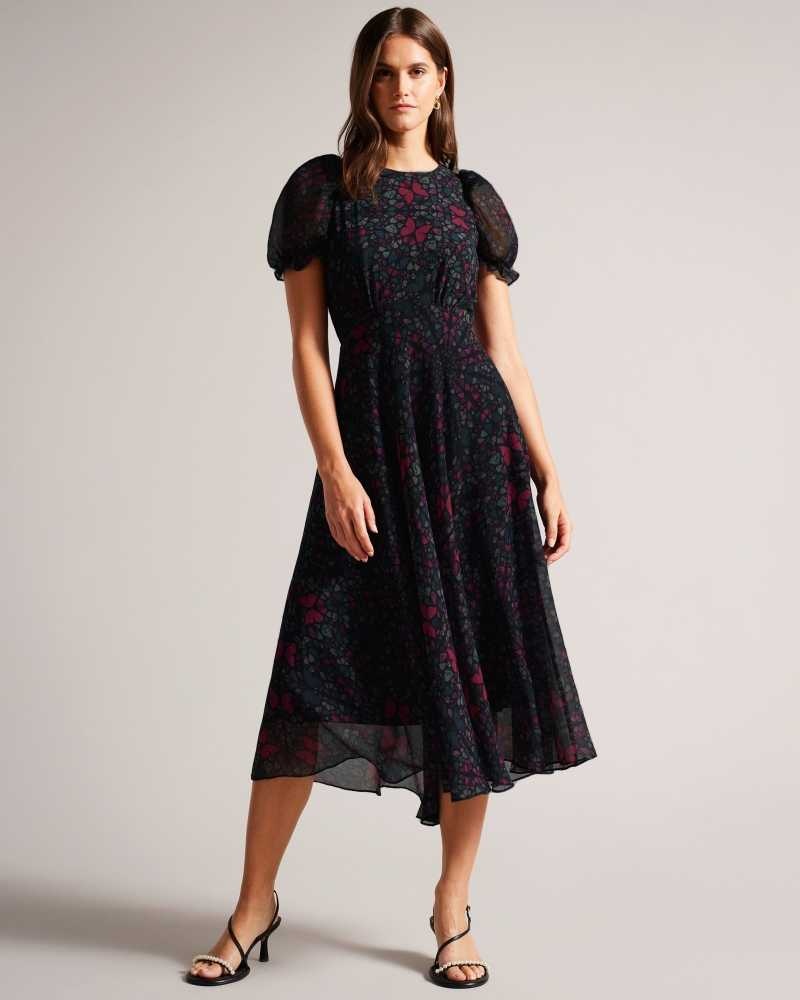 Black Ted Baker Daniaa Butterfly Print A-line Midi Dress | ZA0000117