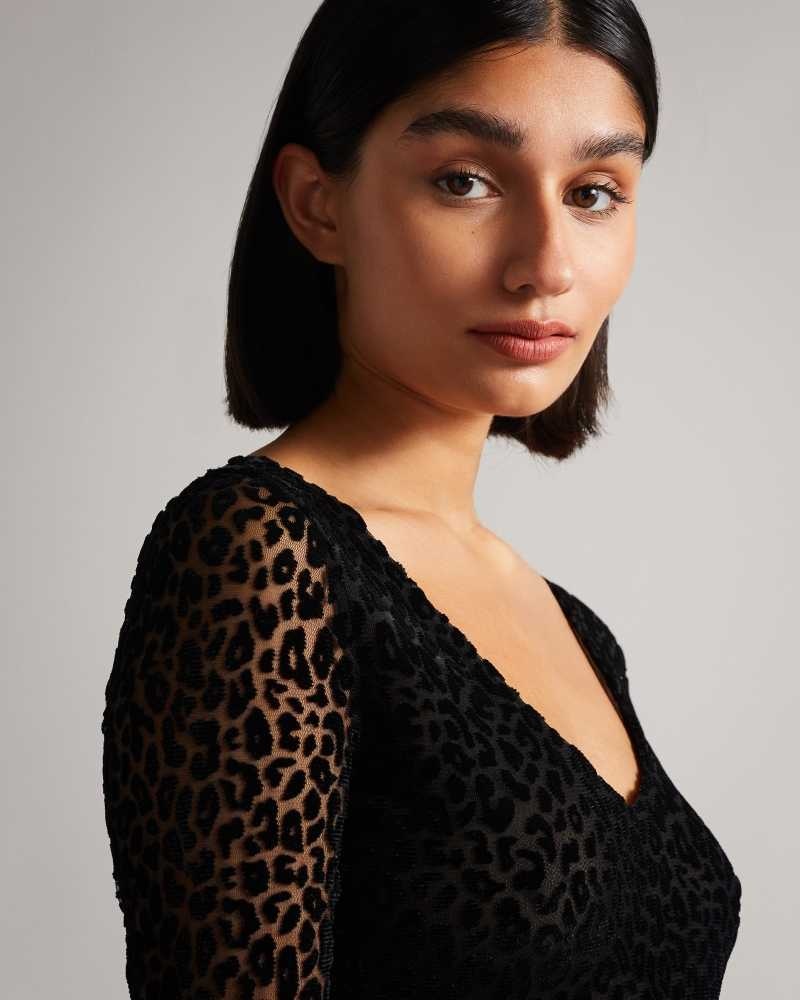 Black Ted Baker Darcina Mesh Leopard Print Bodysuit | ZA0001346