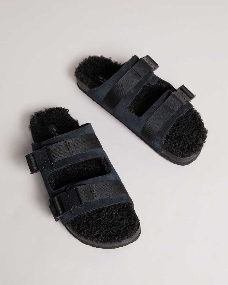 Black Ted Baker Dougie Suede Nylon Clip Two Strap Slippers | ZA0001706