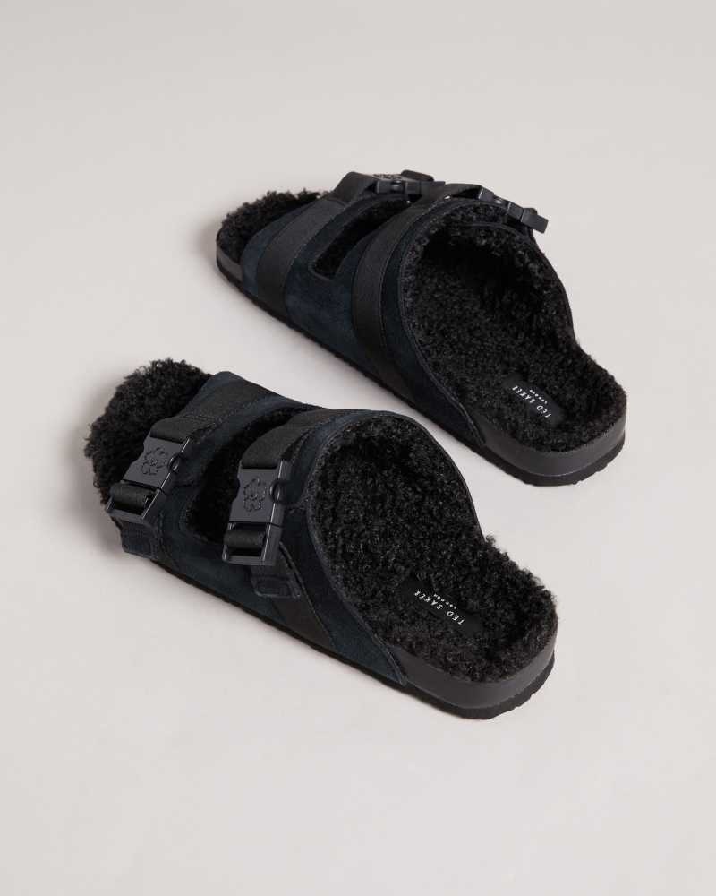 Black Ted Baker Dougie Suede Nylon Clip Two Strap Slippers | ZA0001706