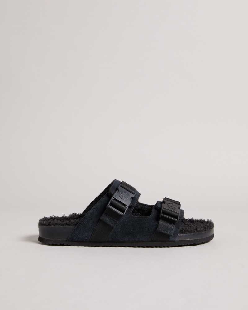 Black Ted Baker Dougie Suede Nylon Clip Two Strap Slippers | ZA0001706