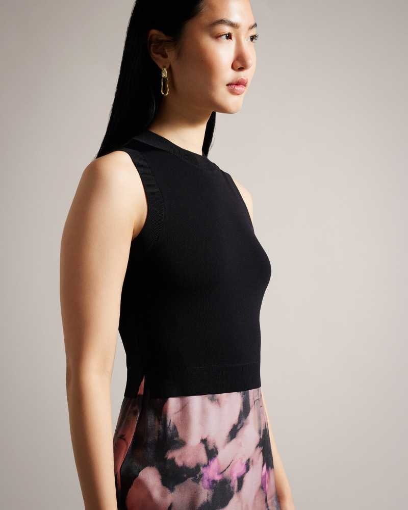 Black Ted Baker Elliha Sleeveless Mockable Dress With Floral Slip Skirt | ZA0000228