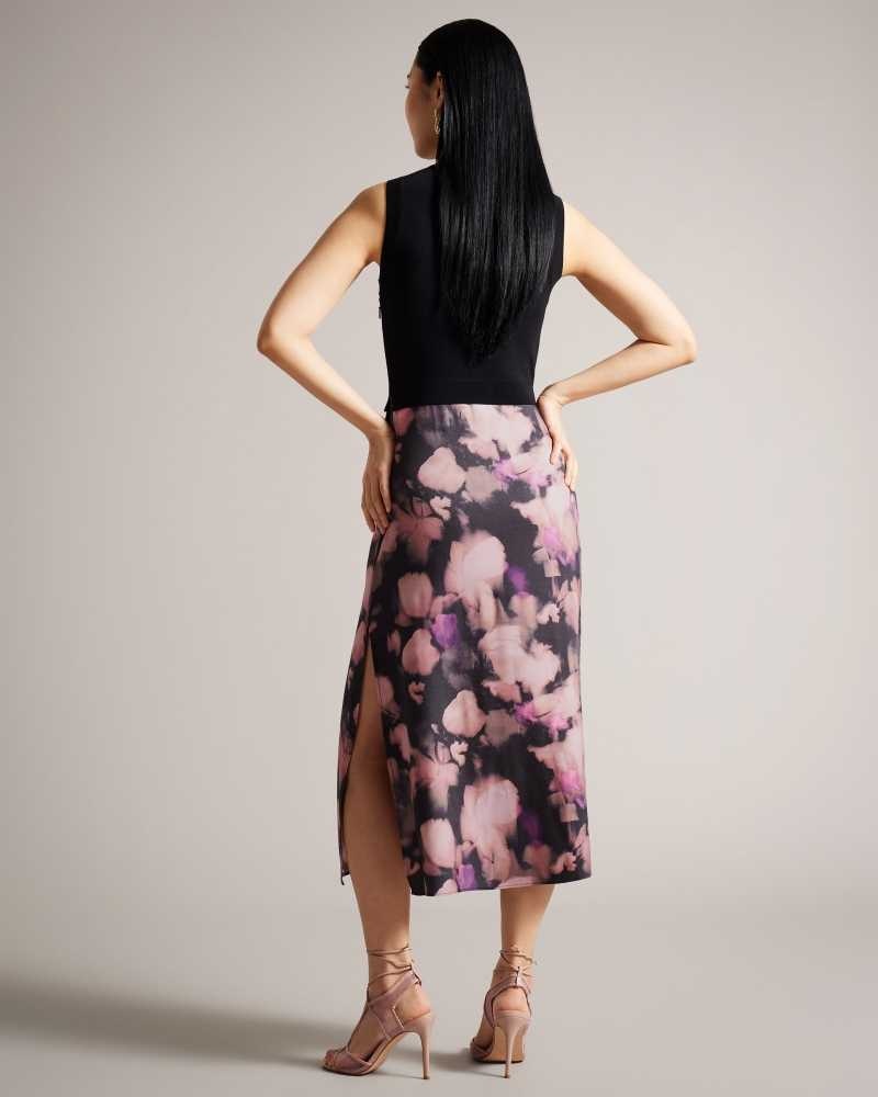 Black Ted Baker Elliha Sleeveless Mockable Dress With Floral Slip Skirt | ZA0000228