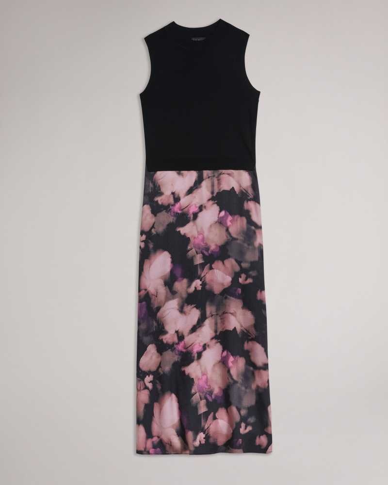 Black Ted Baker Elliha Sleeveless Mockable Dress With Floral Slip Skirt | ZA0000228