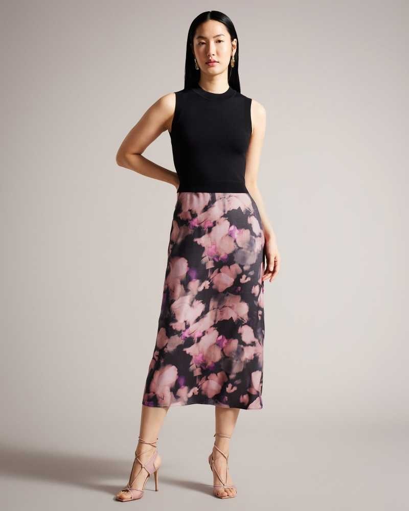 Black Ted Baker Elliha Sleeveless Mockable Dress With Floral Slip Skirt | ZA0000228