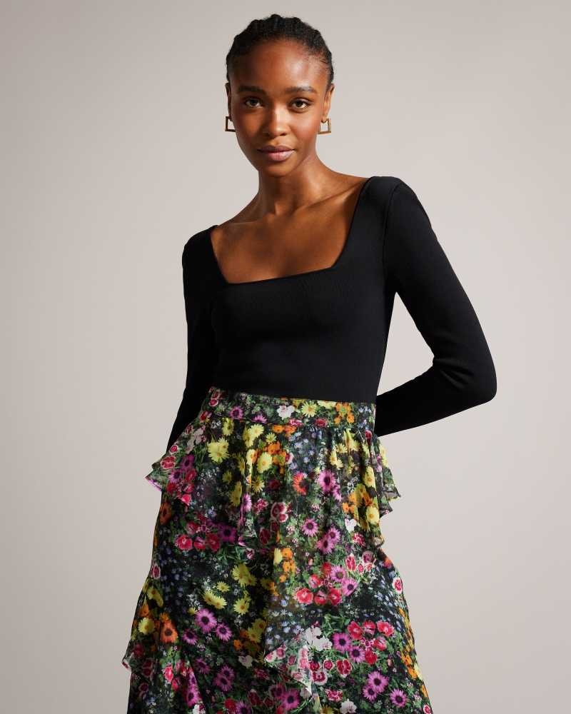 Black Ted Baker Emerela Square Neck Fitted Knit Bodice Dress | ZA0000215