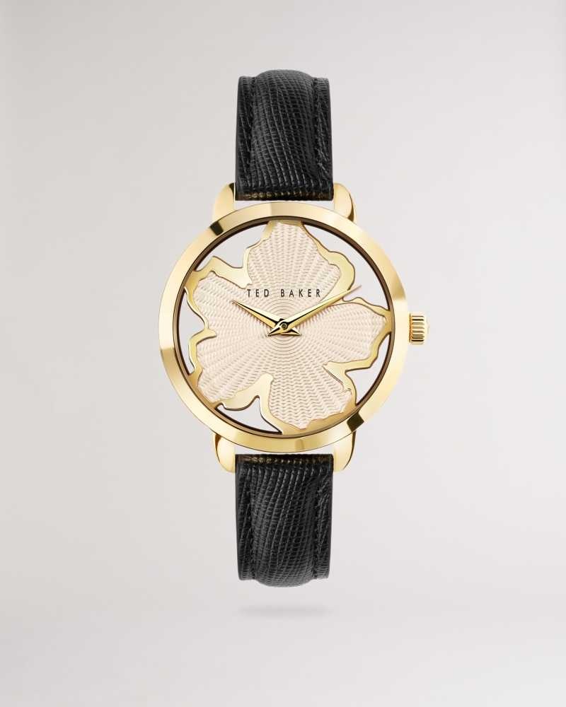 Black Ted Baker Galaten Magnolia Dial Leather Strap Watch | ZA0002173