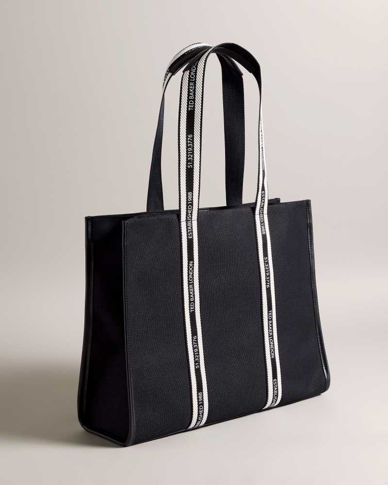 Black Ted Baker Georjey Branded Webbing Canvas Tote | ZA0000446