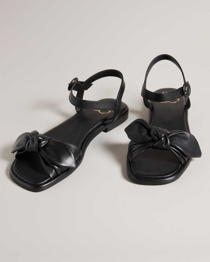 Black Ted Baker Halah Leather Bow Flat Sandal | ZA0001673