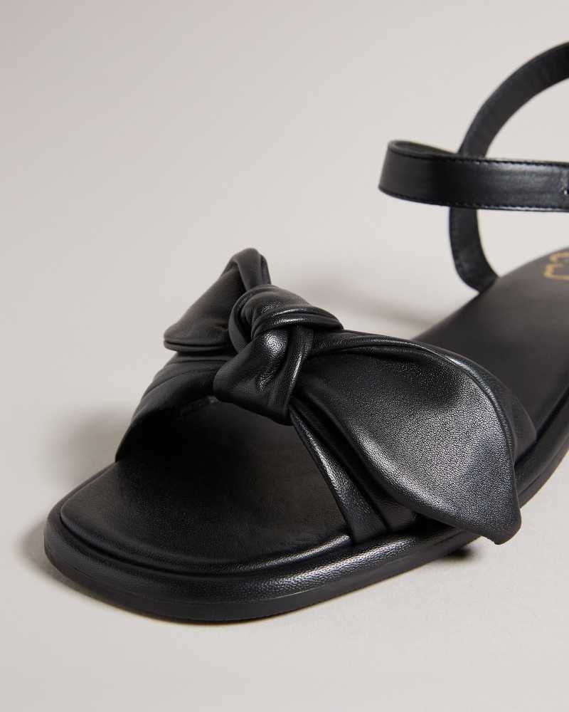 Black Ted Baker Halah Leather Bow Flat Sandal | ZA0001673