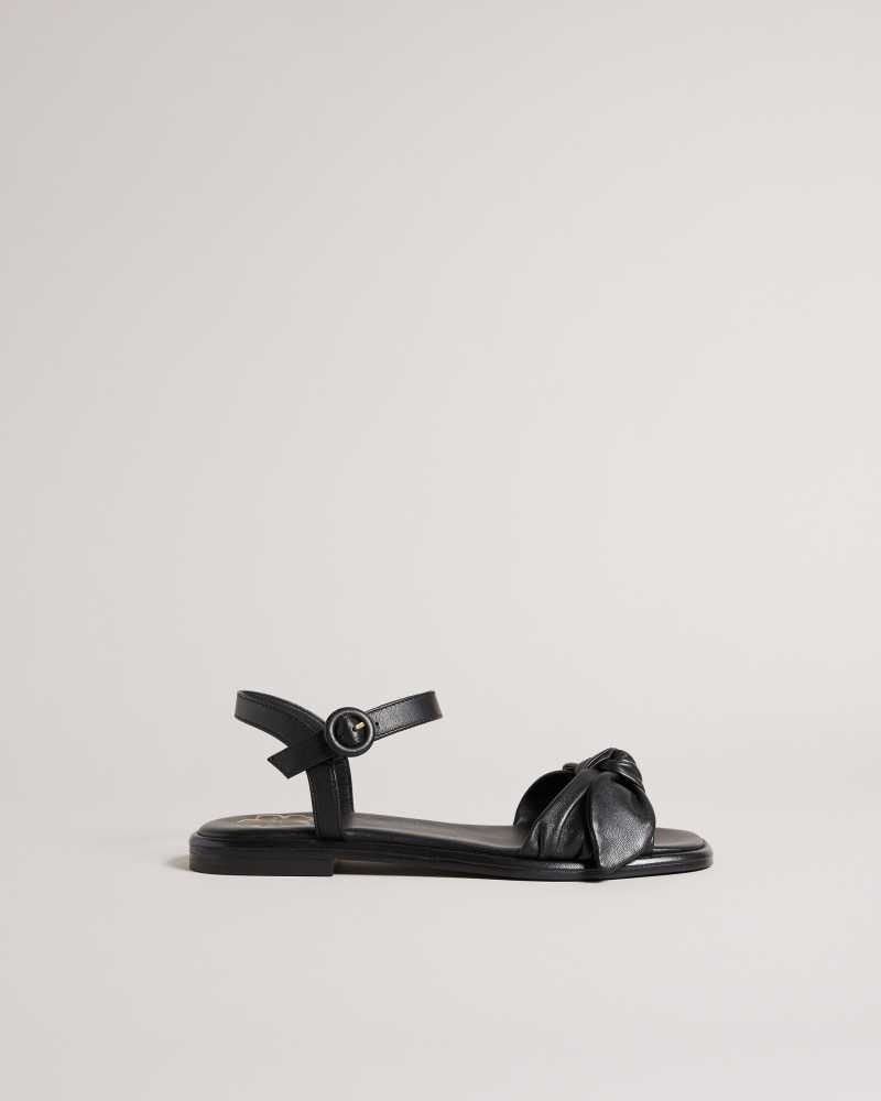 Black Ted Baker Halah Leather Bow Flat Sandal | ZA0001673