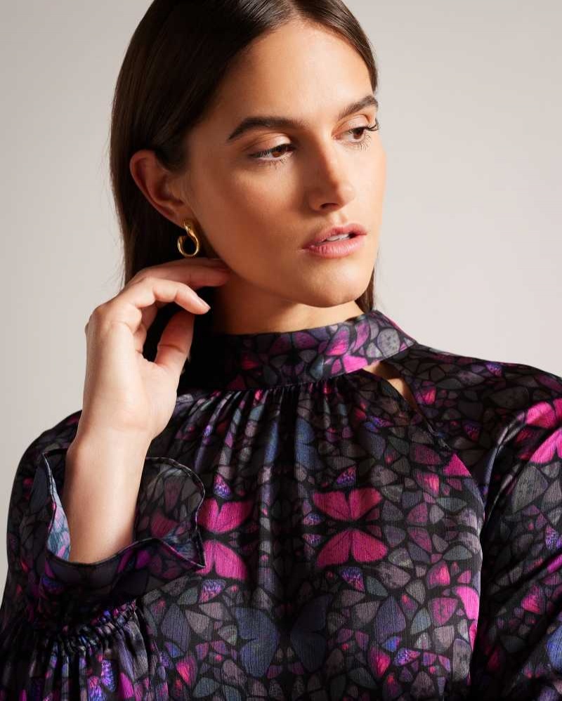 Black Ted Baker Heiydii High Neck Satin Butterfly Print Blouse | ZA0001437