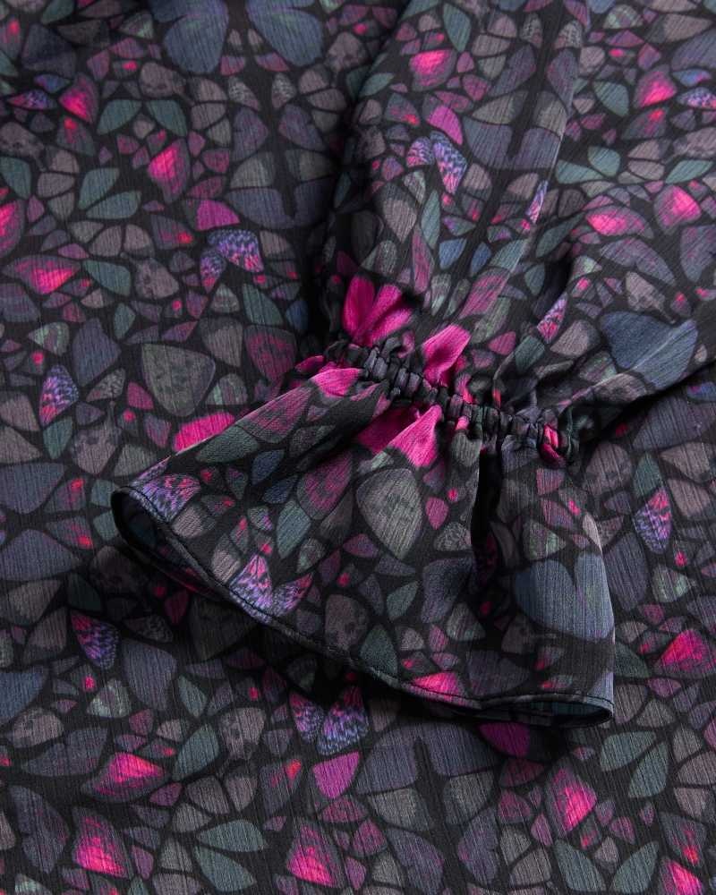 Black Ted Baker Heiydii High Neck Satin Butterfly Print Blouse | ZA0001437