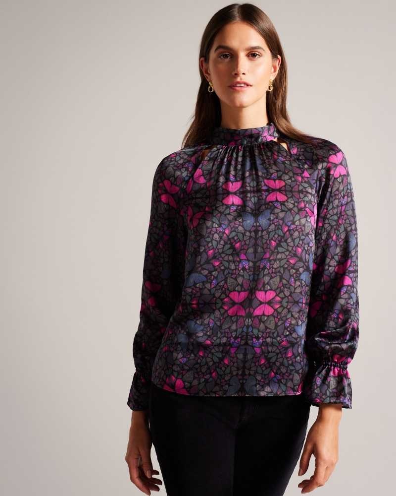 Black Ted Baker Heiydii High Neck Satin Butterfly Print Blouse | ZA0001437