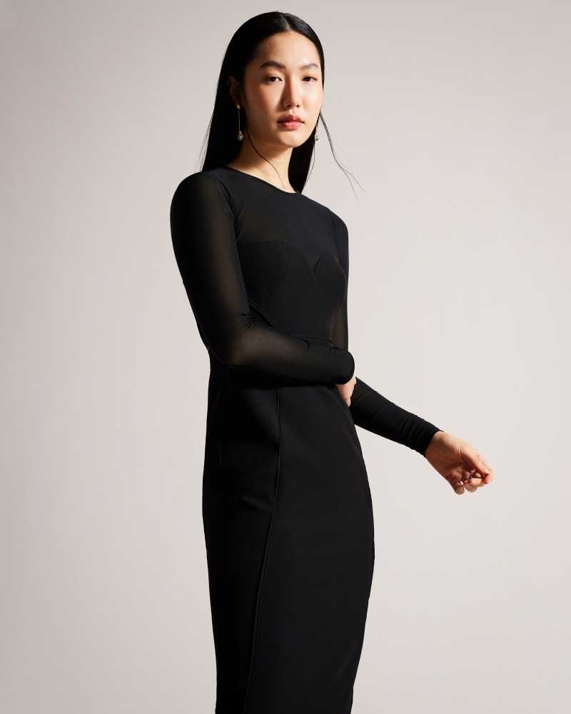 Black Ted Baker Ivylou Bodycon Midi Dress With Sheer Sleeves | ZA0000273