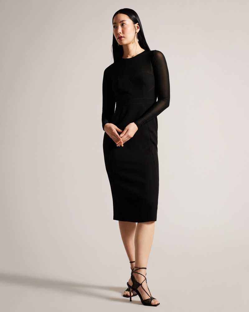 Black Ted Baker Ivylou Bodycon Midi Dress With Sheer Sleeves | ZA0000273