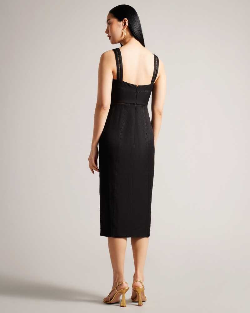 Black Ted Baker Janiise Square Neck Midi Pencil Dress | ZA0000256