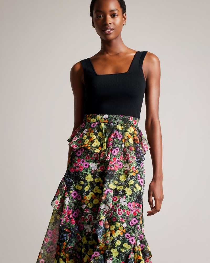 Black Ted Baker Jennias Knit Bodice Dress With Ruffle Skirt | ZA0000266