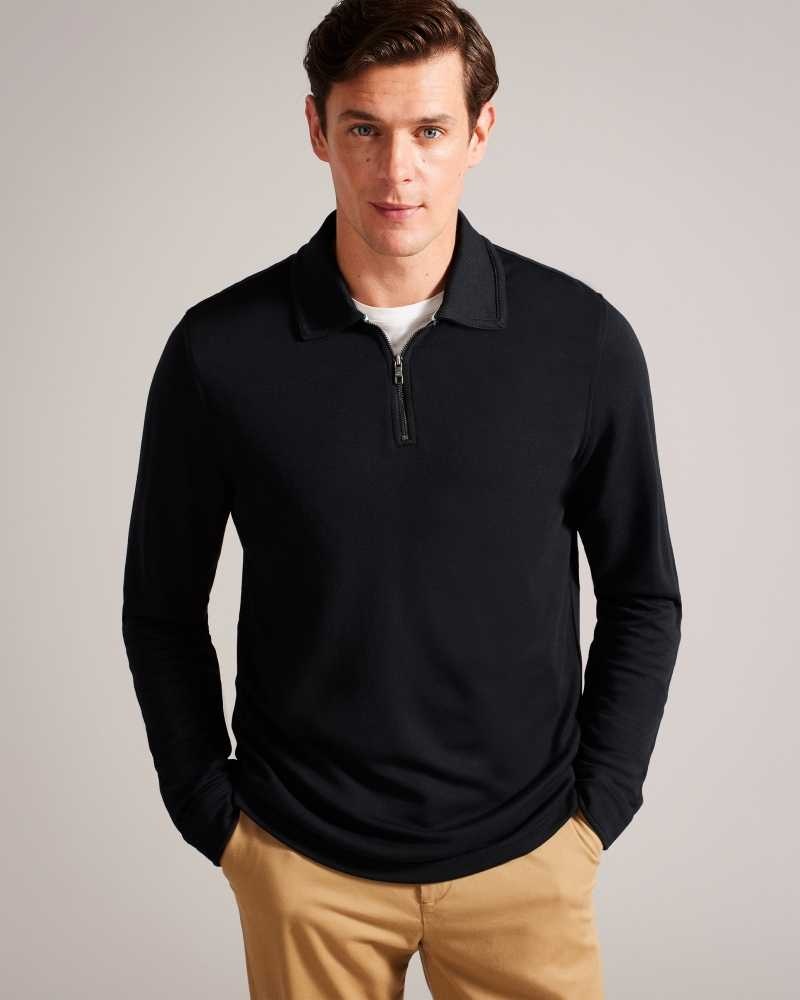 Black Ted Baker Karpol Long Sleeve Modal Polo Shirt | ZA0000924