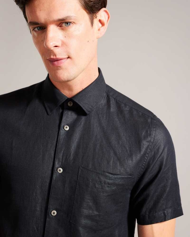 Black Ted Baker Kingfrd Short Sleeve Linen Shirt | ZA0000959