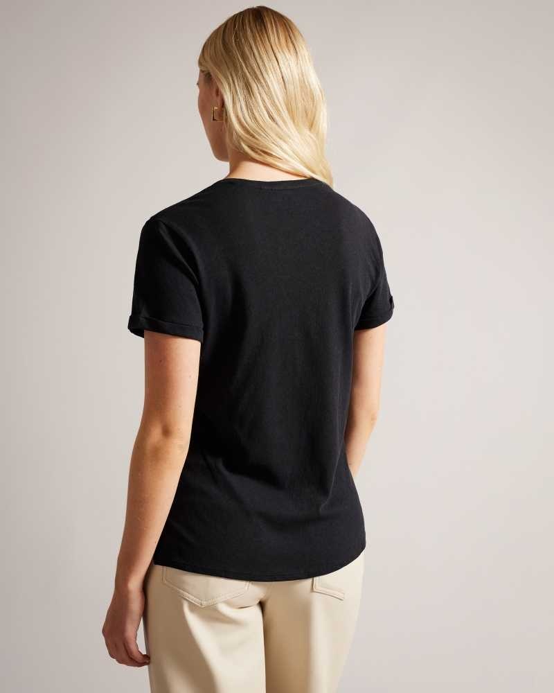 Black Ted Baker Laliita V Neck Cotton And Linen T-Shirt | ZA0001259