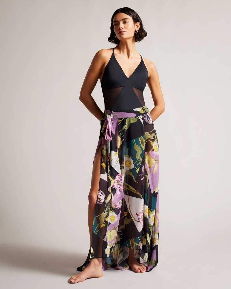 Black Ted Baker Leighen Floral Maxi Skirt Cover Up | ZA0001194